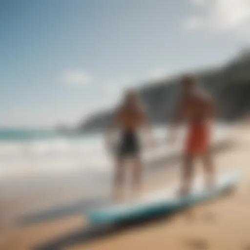 A vibrant beach scene with surfers applying sunscreen