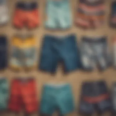 Different styles of board shorts displayed on a surfboard