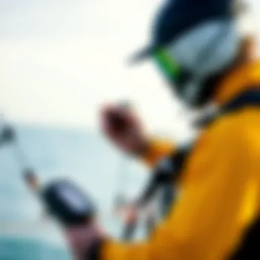 Kiteboarder checking wind direction with an anemometer