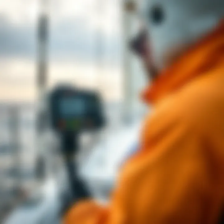 Sailor using an electronic anemometer on a sailboat