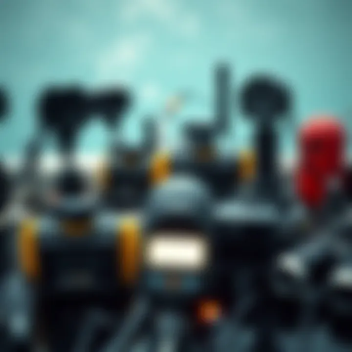 Diverse types of electronic shark deterrents displayed in a marine environment