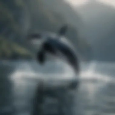 Close-up of a killer whale breaching the surface of the water