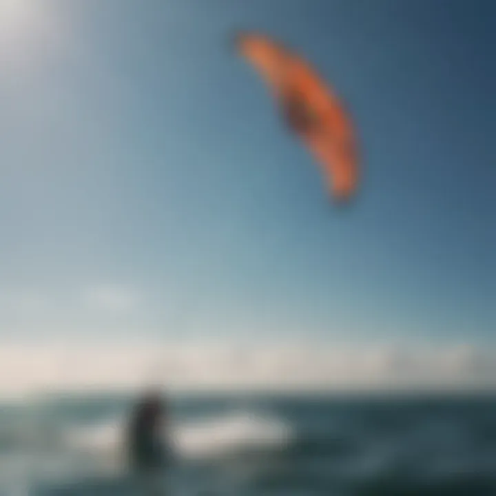 A close-up of a kite in the sky, illustrating the importance of clearance above the water surface for safety.