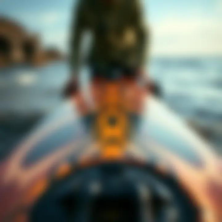 Close-up view of a longboard skate deck showcasing its design intricacies