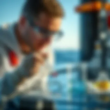 Scientific Research on Marine Pollution A researcher analyzing water samples for pollutants