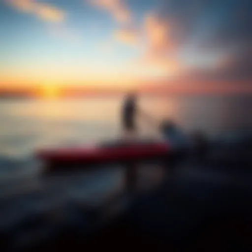 A sleek motorized paddleboard gliding over calm waters at sunset