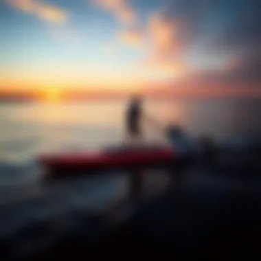 Sleek Motorized Paddleboard at Sunset A sleek motorized paddleboard gliding over calm waters at sunset