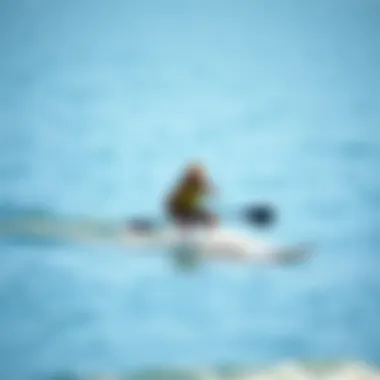 An experienced paddle boarder maneuvering through calm waters, demonstrating agility.