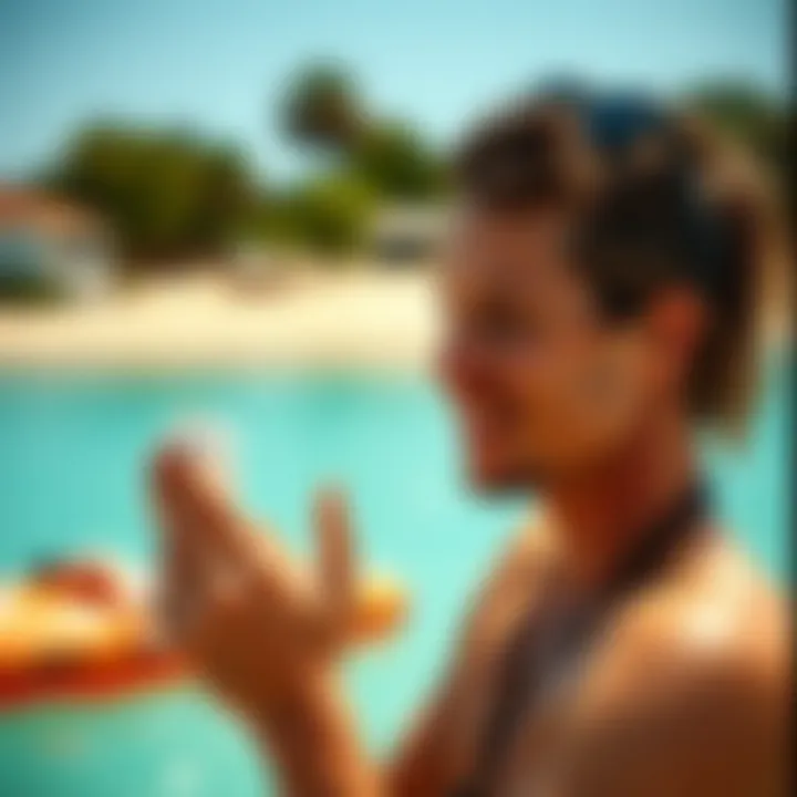 Applying Sunblock Before Watersports A person applying sunblock before participating in a watersport activity.