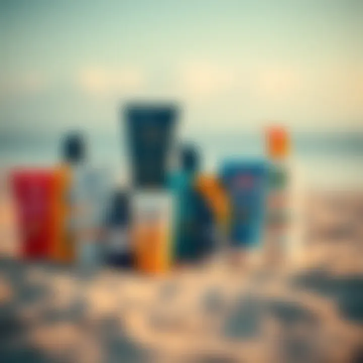 Diverse Range of Sunblock Products Close-up of different sunblock products arranged aesthetically on a sandy surface.