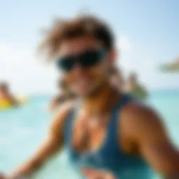 A vibrant beach scene showcasing individuals enjoying various water activities under the sun.