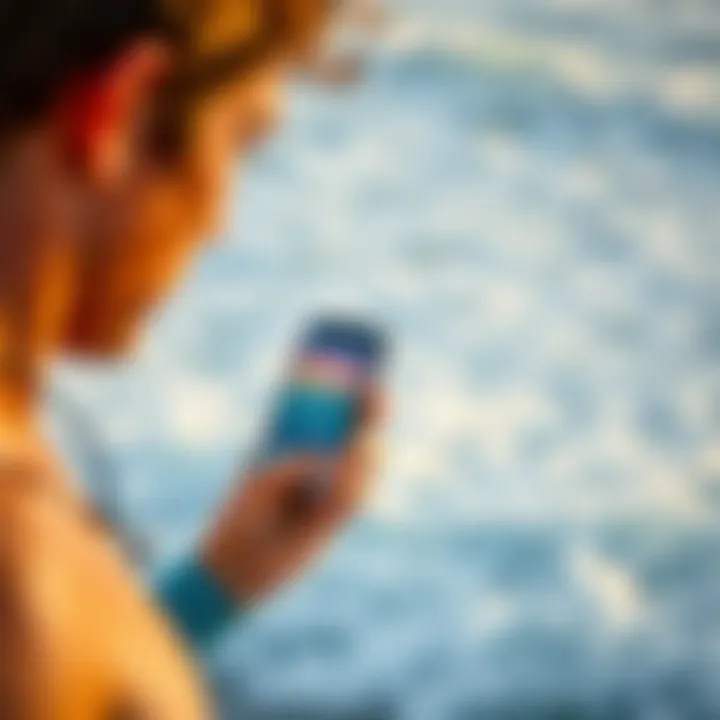 A surfer checking the surf forecast app on a smartphone before hitting the waves