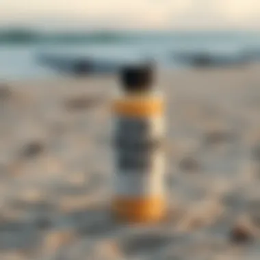 An eco-friendly surfboard wax product displayed on a beach