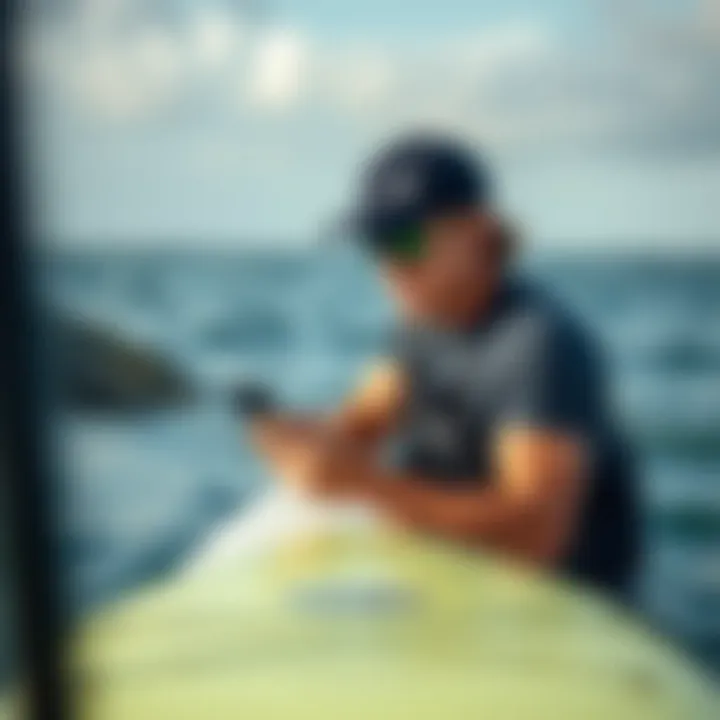 A paddleboarder checking a weather forecast on a mobile device before heading out.