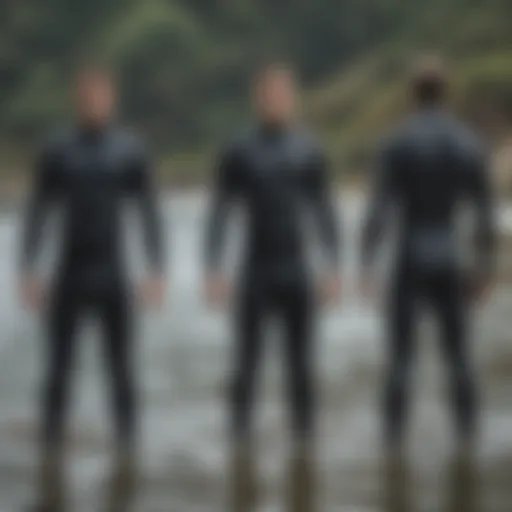 Diverse types of wet suits displayed