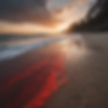 Vibrant red tide waters along a coastal shoreline