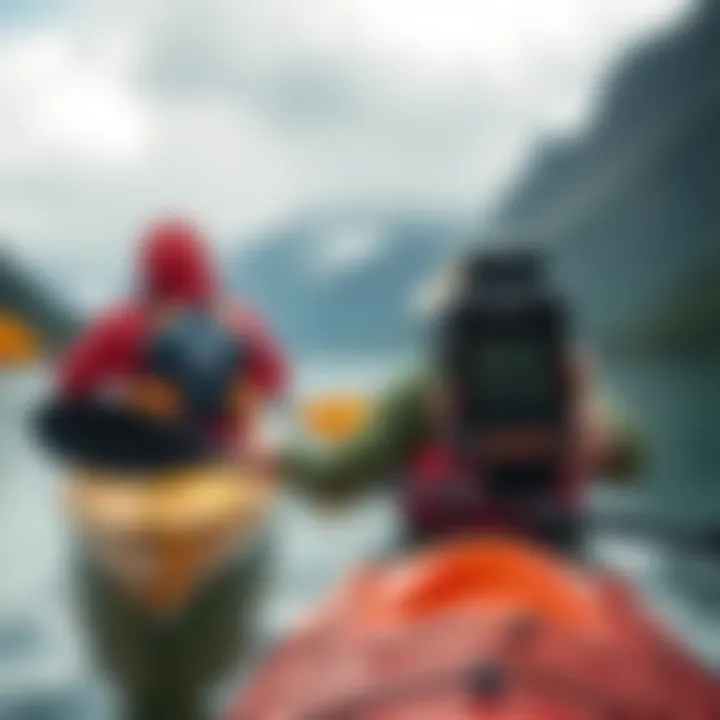 A kayak paddler checking a handheld wind meter