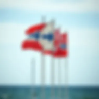 Wind flags indicating wind direction and intensity near a watersport venue