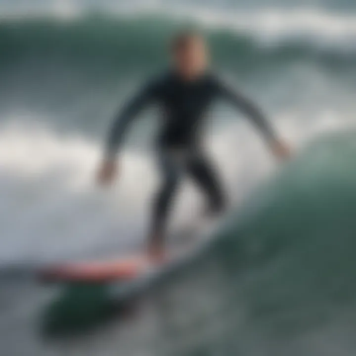 Surfer riding waves with wind direction indicated