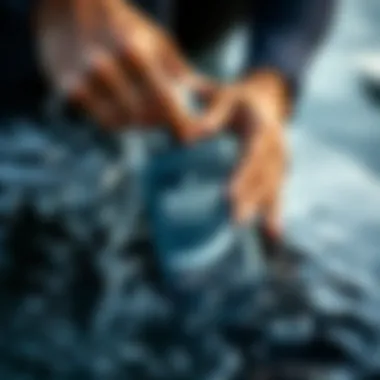 Close-up of a wetsuit being washed with Slosh Shampoo