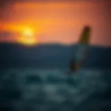 Serenity of Windsurfing at Dusk Windsurfing at sunset over an isthmus landscape