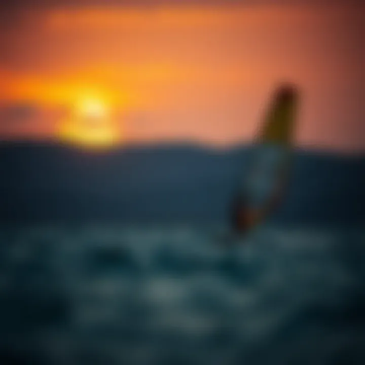 Serenity of Windsurfing at Dusk Windsurfing at sunset over an isthmus landscape