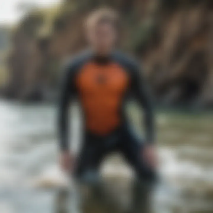 Person demonstrating the fit of Xcel Drylock wetsuit in water